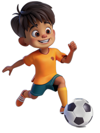 3D character of an Asian little boy playing soccer, smiling and wearing an orange t-shirt with blue shorts and white shoes, black background, in the style of Disney Pixar.