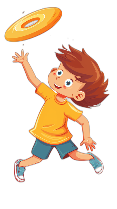 A cartoon boy is playing frisbee in a flat illustration style with a black background and wearing a yellow T-shirt, blue shorts and sneakers. The child has brown hair, big eyes and a happy expression as he jumps with his arms outstretched to catch the Frisbees. The flat illustrations are simple yet lively, with full colors depicting lively movements and fine details in high-definition images lit with bright, natural light in a full body close-up shot while wearing .