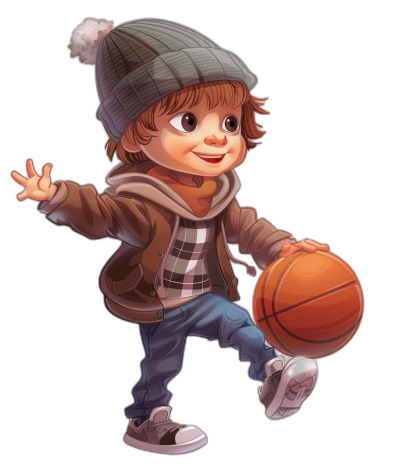 A cute little boy playing basketball in the style of Disney Pixar animation, full body portrait in a flat illustration style on a black background, wearing winter  and a hat with a cartoon character design, holding the ball in his hand with big eyes, a smiling face, and a happy expression creating a happy atmosphere with warm colors in high resolution, high details, and high quality.