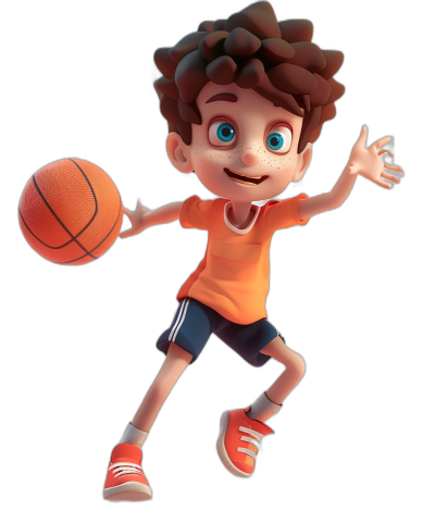 A cute boy playing basketball in the style of Disney, a bright-eyed cartoon character with curly hair wearing an orange t-shirt, dark blue shorts and red sneakers jumping to shoot the ball against a black background, with high quality details in the style of Pixar, rendered in 3D with bright colors, natural light, soft shadows and no contrast, as if viewed through a wide-angle lens at high resolution. The overall atmosphere is cheerful and full of vitality.