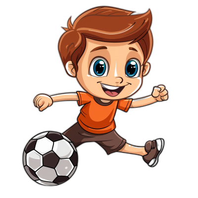 cartoon boy playing soccer, vector illustration, clip art for commercial use, cute cartoon character in orange shirt and brown shorts with blue eyes smiling while kicking the ball on black background