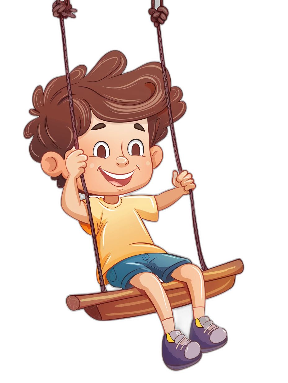 a cartoon happy boy sitting on the wooden swing, vector illustration with black background, high resolution