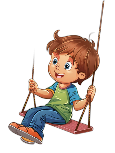 A cute cartoon illustration of happy boy on the swing, isolated black background, children book style