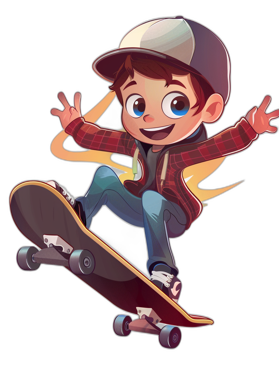 A cartoon boy is skateboarding, wearing a baseball cap and casual  with blue eyes and a cute smile on his face against a black background. The art style is 2D game art with a Disney Pixar animation character design in the style of a cartoon scene with studio lighting and a chibi style.