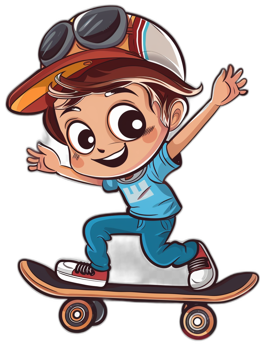 cartoon style, vector design of cute boy on skateboard wearing cap and blue t shirt, sticker black background