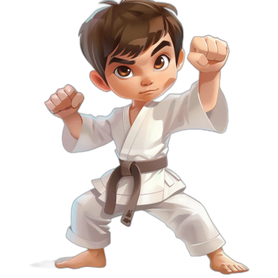 A young boy in white karate robes, with brown hair and eyes. He is striking an athletic pose ready to fight, wearing a black belt. The illustration style should be in the style of a cute and colorful cartoon, suitable for children's book illustrations. Black background.