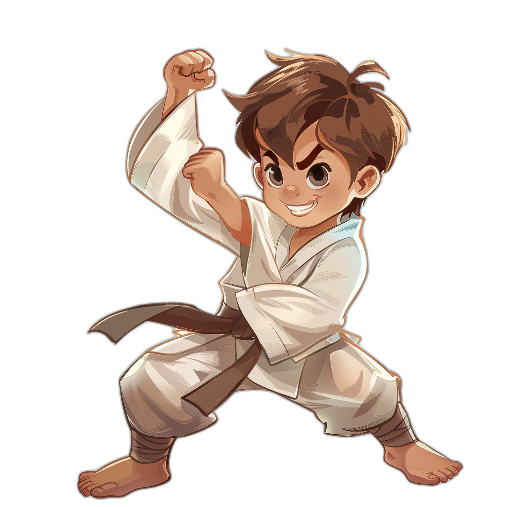 A young boy in white martial arts attire, with brown hair and dark eyes doing karate kick poses, smiling confidently at the camera against a black background in the style of chibi anime.