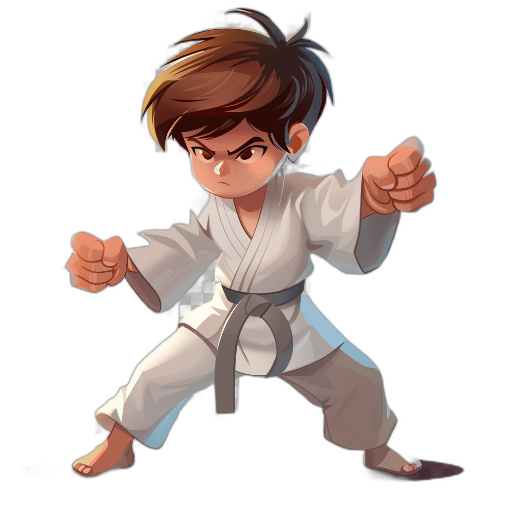 cartoon style, young boy with brown hair in a karate outfit ready to fight, full body, black background, chibi character design in the style of game art