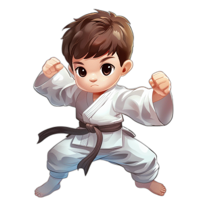 A cute little boy is practicing karate, with short brown hair and big eyes wearing white jiu-jitsu  in a chibi style, in a full body shot, on a black background, with a cartoon character design, like 2D game art. The boy has his hands up to showcase the traditional Japanese martial arts moves of a front kick or roundhouse punch. He wears an open mouth as if he's enjoying it very much. A dark gray belt around one leg turned back showing that he has been through several years of training, in the style of  for women.