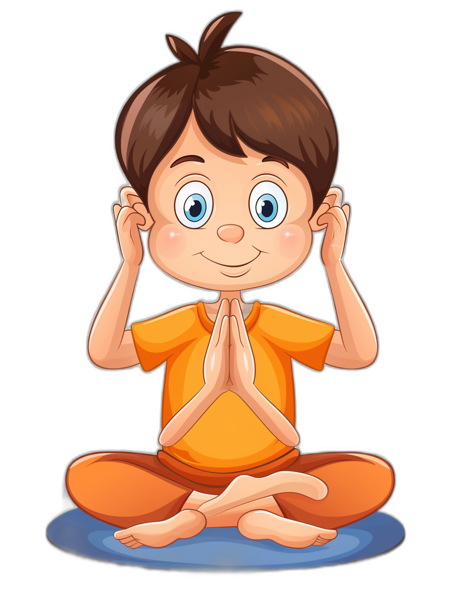 A cute cartoon of a boy doing yoga in the style of clip art style isolated on a black background.