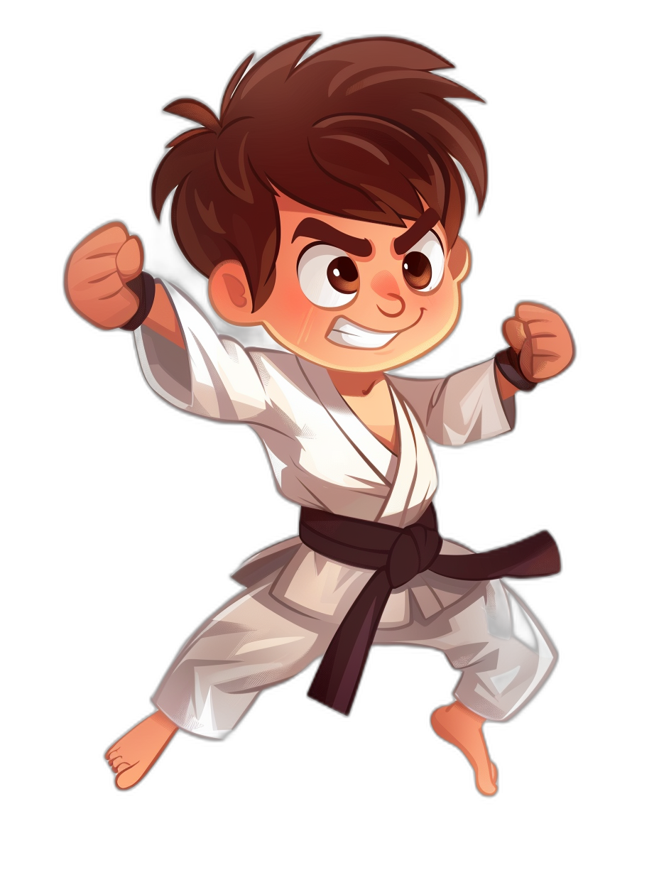 An illustration of a cute boy in a karate outfit doing a cool stance. He has brown hair and is wearing a white jiu-jitsu gi with a black belt. The background should be a plain dark grey color. The style will have bold outlines and flat colors in the style of comic book art. This design could include elements like dynamic poses or facial expressions that convey movement and action, adding to its playful character. It’s designed for t-shirt printing and vectorized.