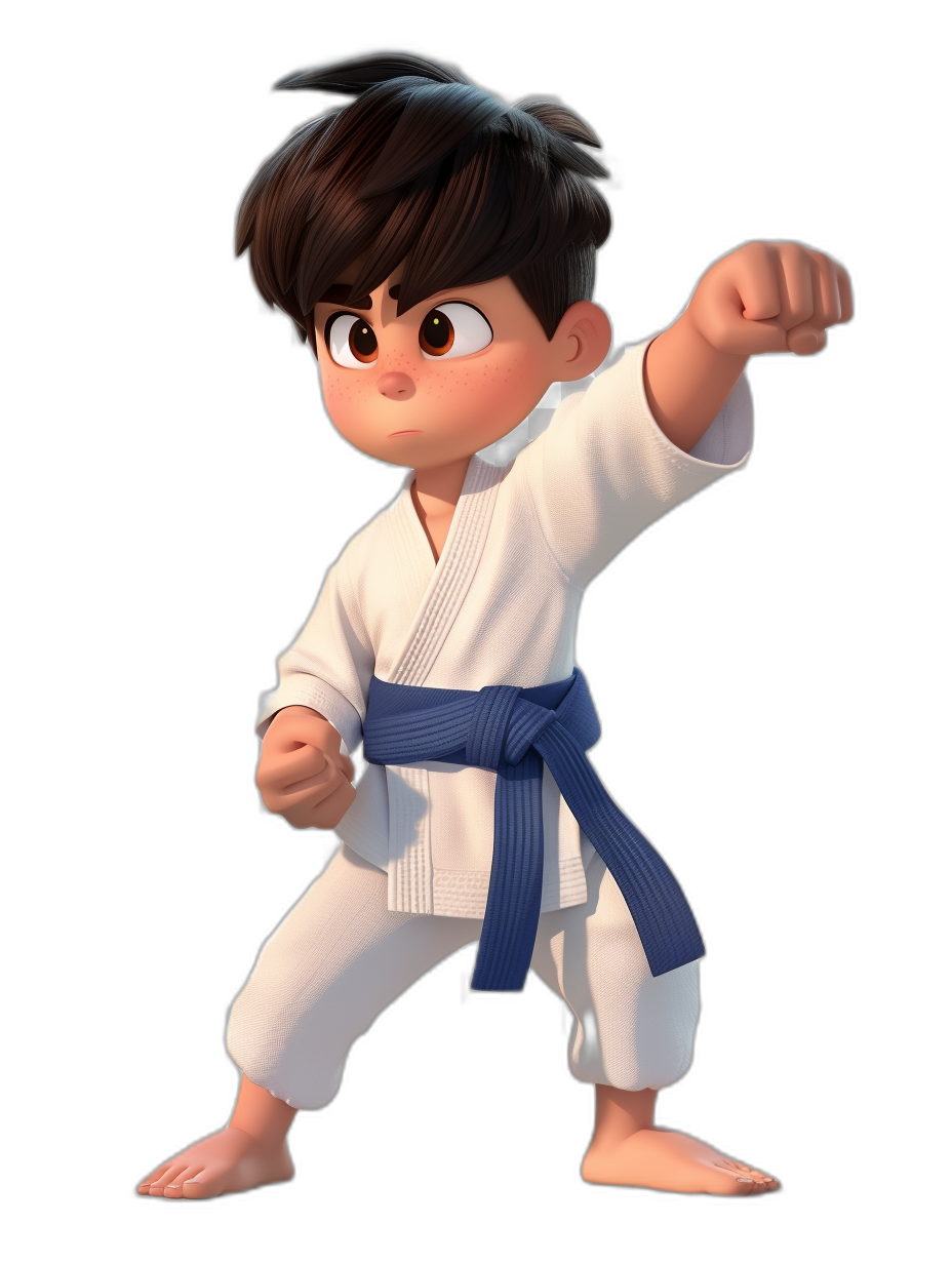 3D character in the style of Pixar of a little boy with dark brown hair wearing a white karate outfit and blue belt ready to fight, full body shot, black background, no outline effect, 2D game art style, characters in the style of Pixar, cute cartoon design