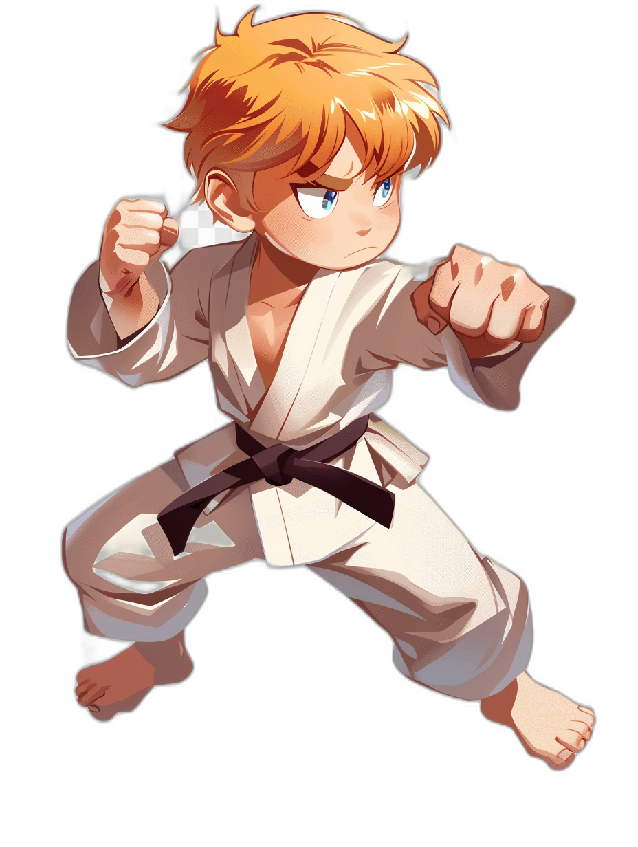 A young boy with short golden hair and blue eyes, wearing white karate attire with a black belt in a fighting pose, vector illustration for a mobile game on a solid background, 2D flat design, in the style of cartoon, in the style of anime, high resolution, digital art, colorful, vibrant colors, no shadows, high contrast, sharp edges, bold lines, no shading, full body shot, centered composition