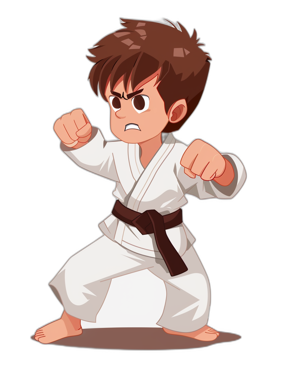 cartoon brown haired boy in a white karate outfit doing karate, simple design, vector art, black background, flat colors, in the style of chibi anime.