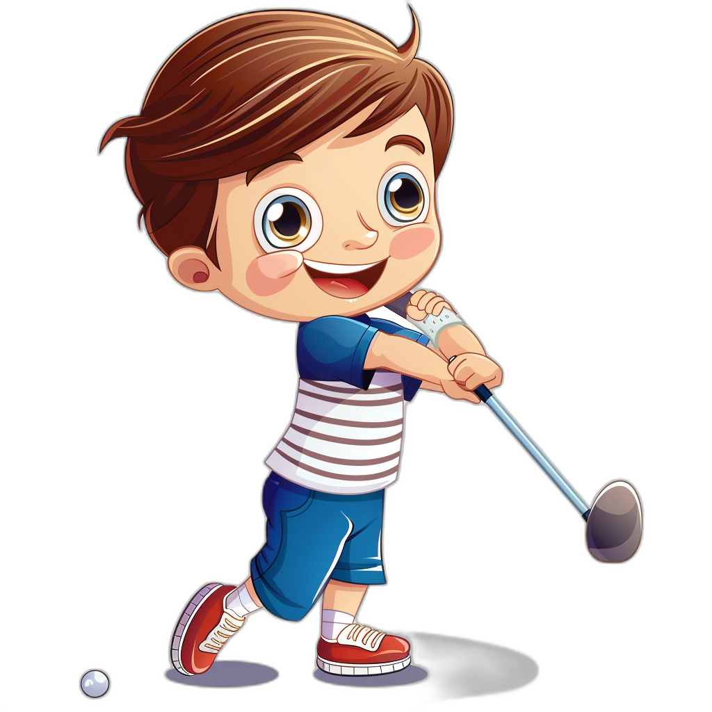 A cute little boy is playing golf. This simple vector illustration has a black background. The boy wears a blue and white striped shirt and red shoes, with brown hair, big eyes, and a smiling face. The cartoon style depicts the boy holding a golf club in his hand, hitting a ball towards the hole. The full body shot shows the boy from the side view, with a close-up of his head and shoulders from a side angle at a high resolution.