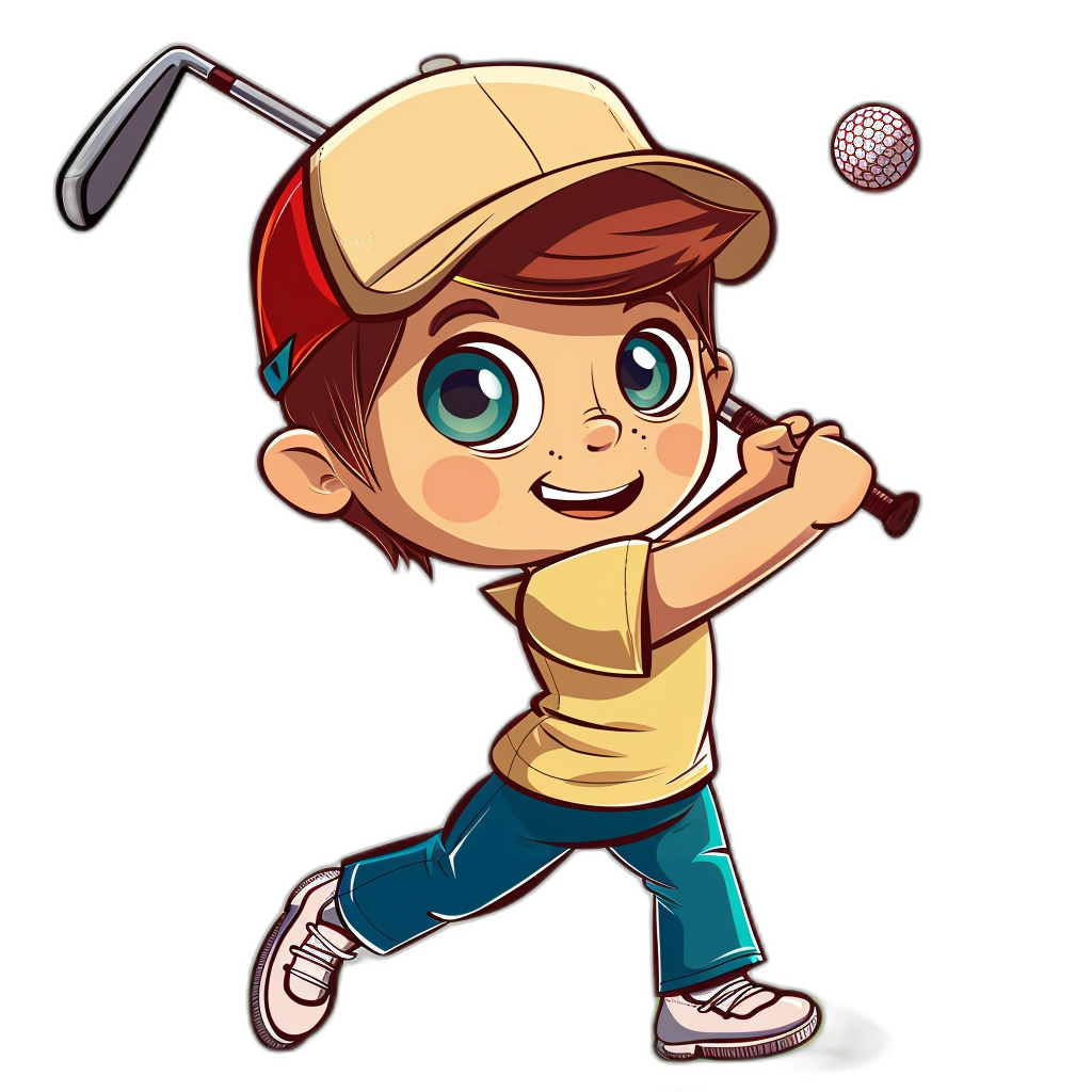 A cute cartoon boy playing golf in the style of clip art on a black background.