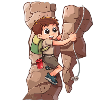 A cartoon vector illustration of an adventurous boy climbing rocks, t-shirt design graphic, ultra detailed, isolated on a black background, sticker style, in the png format.