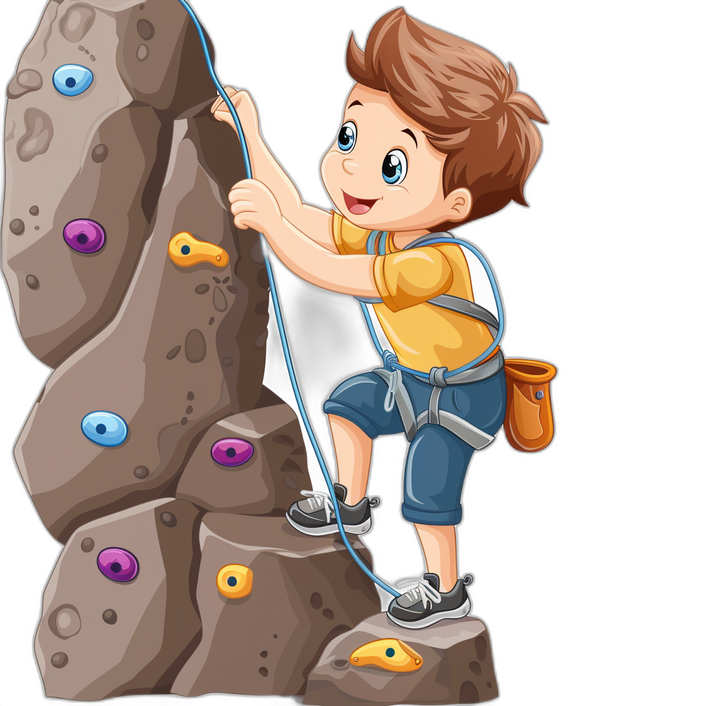 A cartoon boy climbing a rock wall in the style of clip art with a black background.