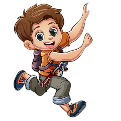 A cartoon-style boy with brown hair, wearing climbing gear and jumping in the air on a black background. He has his right hand raised as if waving to someone, his face is happy and smiling in the style of a clipart.