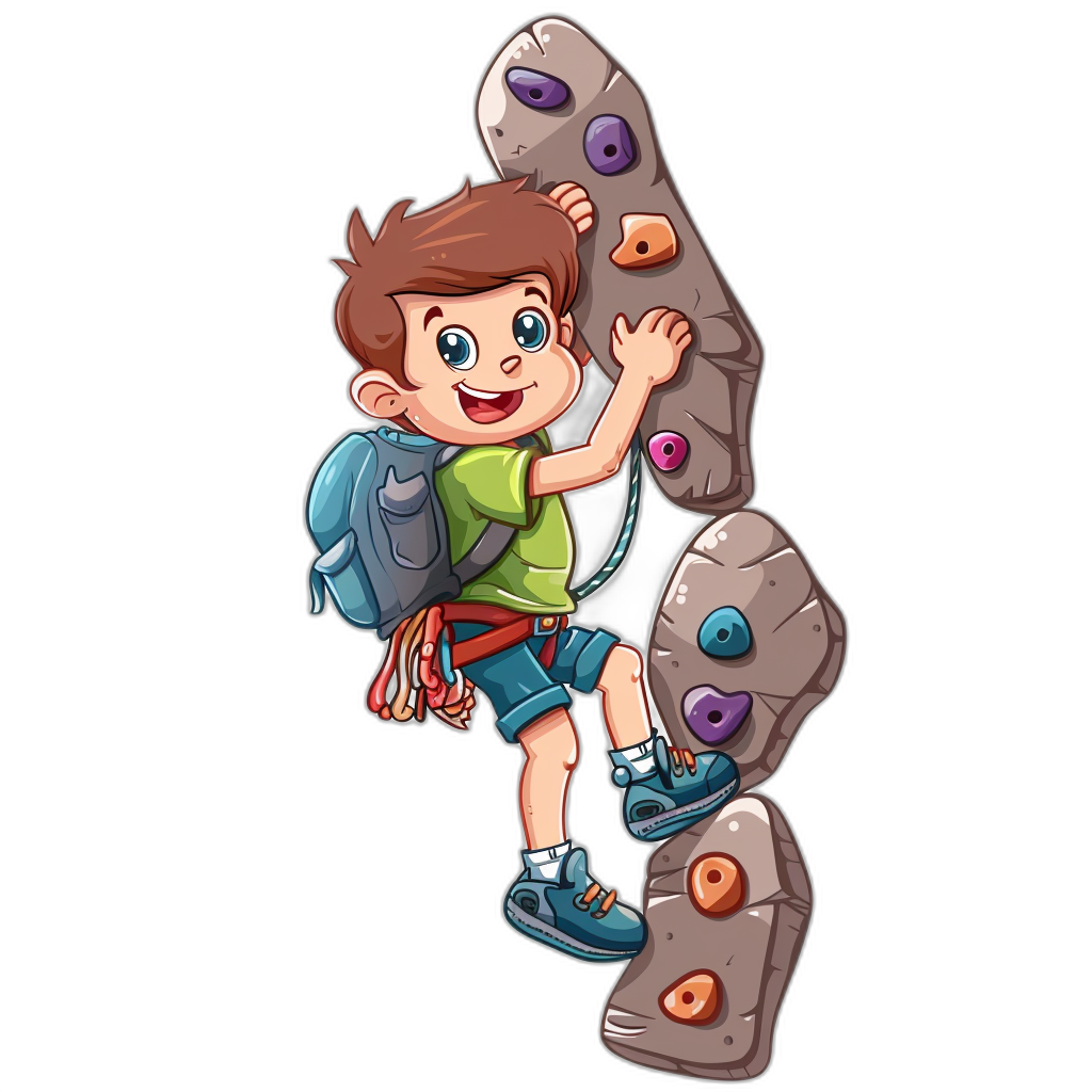 A cartoon boy climbing a rock wall with a backpack in the style of vector style, clip art sticker design on a black background.