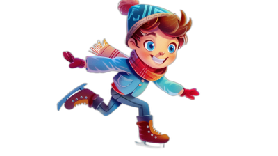 Cartoon style, Disney Pixar style, a young boy is ice skating on a black background, wearing winter  and a hat with a scarf, blue eyes, smiling face, full body shot, 3D rendering, high resolution, high quality, high detail, high texture, bright colors, cartoon cute style, simple design, black isolated background, colorful cartoon character illustration in the style of Disney Pixar.