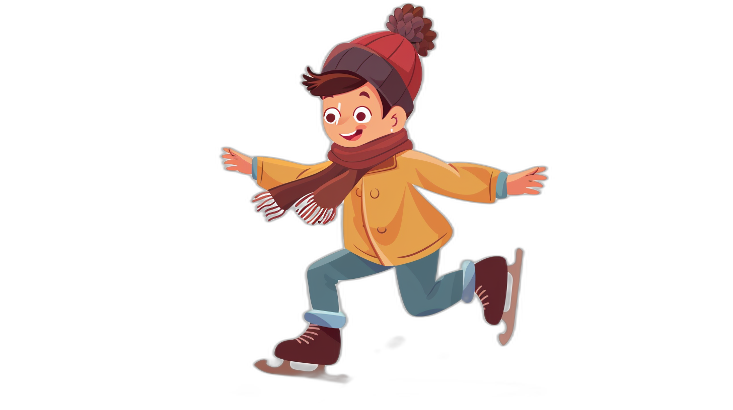 A boy is ice skating in the style of a cartoon, shown in a full body shot against a simple black background. The illustration is high resolution and high quality in the style of a children’s book. It has a flat color style and shows the full-body portrait of the boy in a full-length character view. He wears dark red shoes and brown boots with blue jeans. He has short hair and a medium skin tone. Wearing an orange jacket and scarf on his head and face, he has a happy expression. With a black hat and skates in hand,