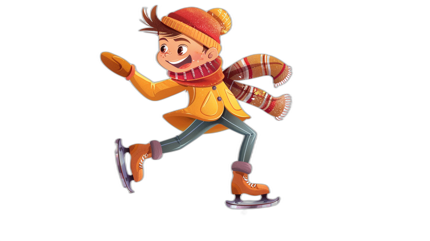 A cartoon-style illustration of an ice skating boy, wearing winter  and gloves, isolated on a black background without shadows. The character is depicted in mid-skate motion, smiling joyfully as he glides across the rink. He wears bright colors like an orange jacket, a red scarf around his neck, blue pants, and brown boots, creating a lively atmosphere for holiday-themed graphics or children’s books. A full body shot from the side.