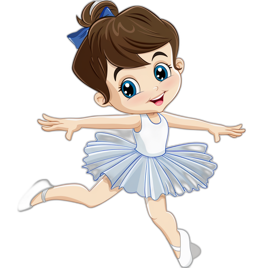 A cute little girl ballerina in white and blue, dancing with her arms outstretched to the sides. Vector cartoon illustration on a black background. In full growth. The front view of the character is drawn in the style of anime. She has brown hair and big eyes. Her ballet dress flows beautifully around her waist. A blue ribbon adorns one side of it. On your feet she wears white shoes with pointe socks. Flat design. In the style of Pixar.