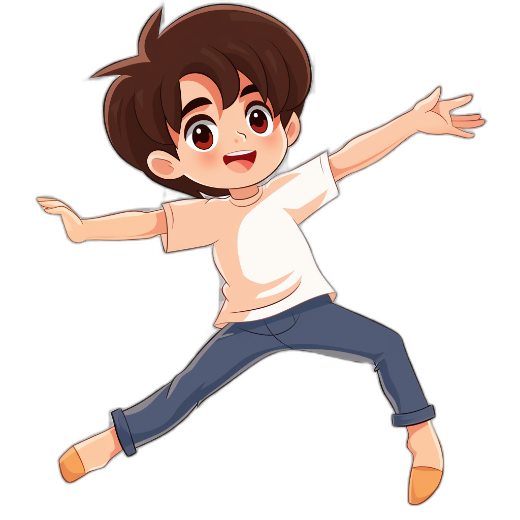 chibi, brown hair boy with short haircut wearing white t-shirt and blue jeans jumping on black background