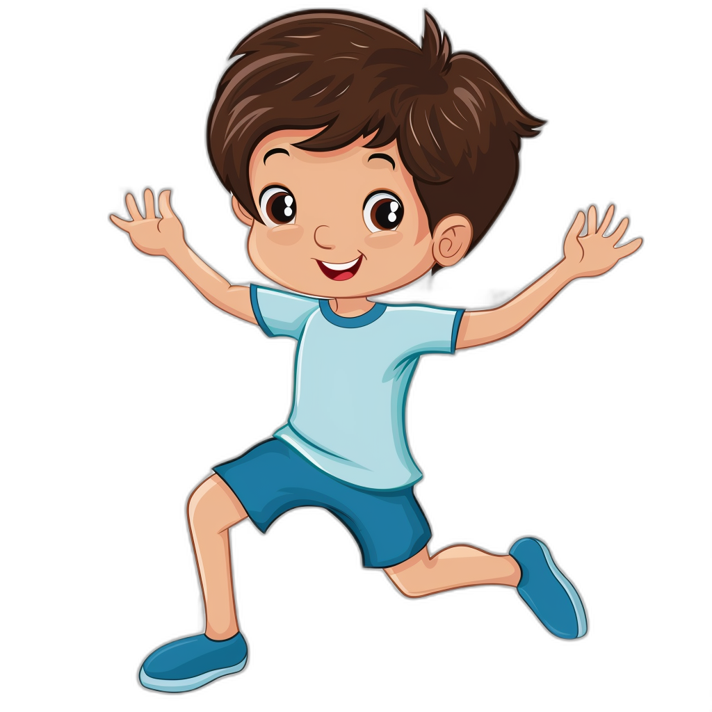 Cute cartoon vector style boy with brown hair and blue eyes, wearing light-blue t-shirt and dark-mquared shorts, jumping in the air, isolated on black background, clipart design