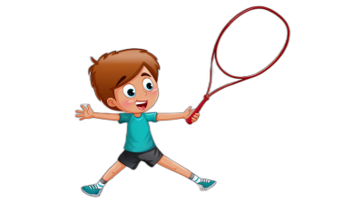 Little boy playing tennis, vector illustration cartoon character design, simple black background, simple flat style, simple lines, simple details, no shadow on the body, no gradient color, simple and clear shape with red racket in hand, blue t-shirt, shorts, white shoes, brown hair, happy expression, full-length portrait, full-body shot, front view, side angle, side perspective, no outline of characters, pure solid dark black background, simple in the style of no particular artist.