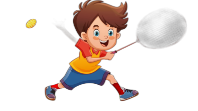 A cartoon-style boy playing badminton, clip art style with black background