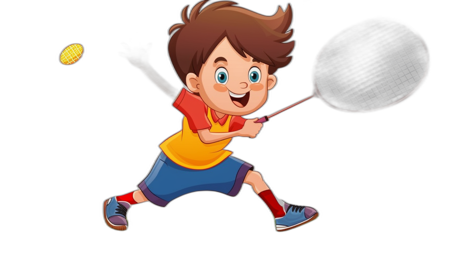 A cartoon-style boy playing badminton, clip art style with black background