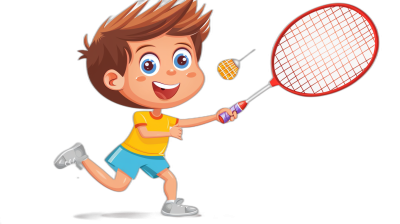 A boy playing badminton, vector illustration style with flat design and black background. The character is depicted in yellow t-shirt and blue shorts, holding the racket at an angle to hit the ball. He has brown hair, big eyes, smiling face expression, and wearing white shoes on his feet. There's also a red net hanging from behind him, indicating that he just played a point or set of sports game. This scene captures movement and energy as well as facial expressions during play." by cartoonist Cartoon realism, cartoon character design, cartoon art style, simple line drawings, full body