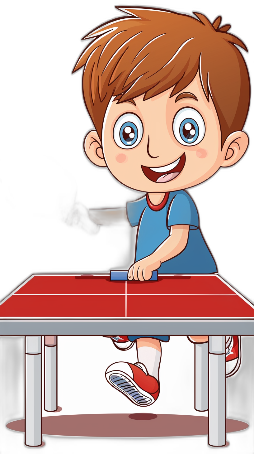 A cartoon boy playing table tennis, vector illustration with black background and red color scheme. The little prince has blue eyes and brown hair, wearing shorts and sneakers on his feet. He is smiling as he adds power to the player’s arm while hitting the ball over an elegant white square of the net at top left corner. Red rectangular table with white edges sits in front of him. A black shirt covers most of one shoulder, and a dark grey long-sleeved t-shirt outlines its shape under it.