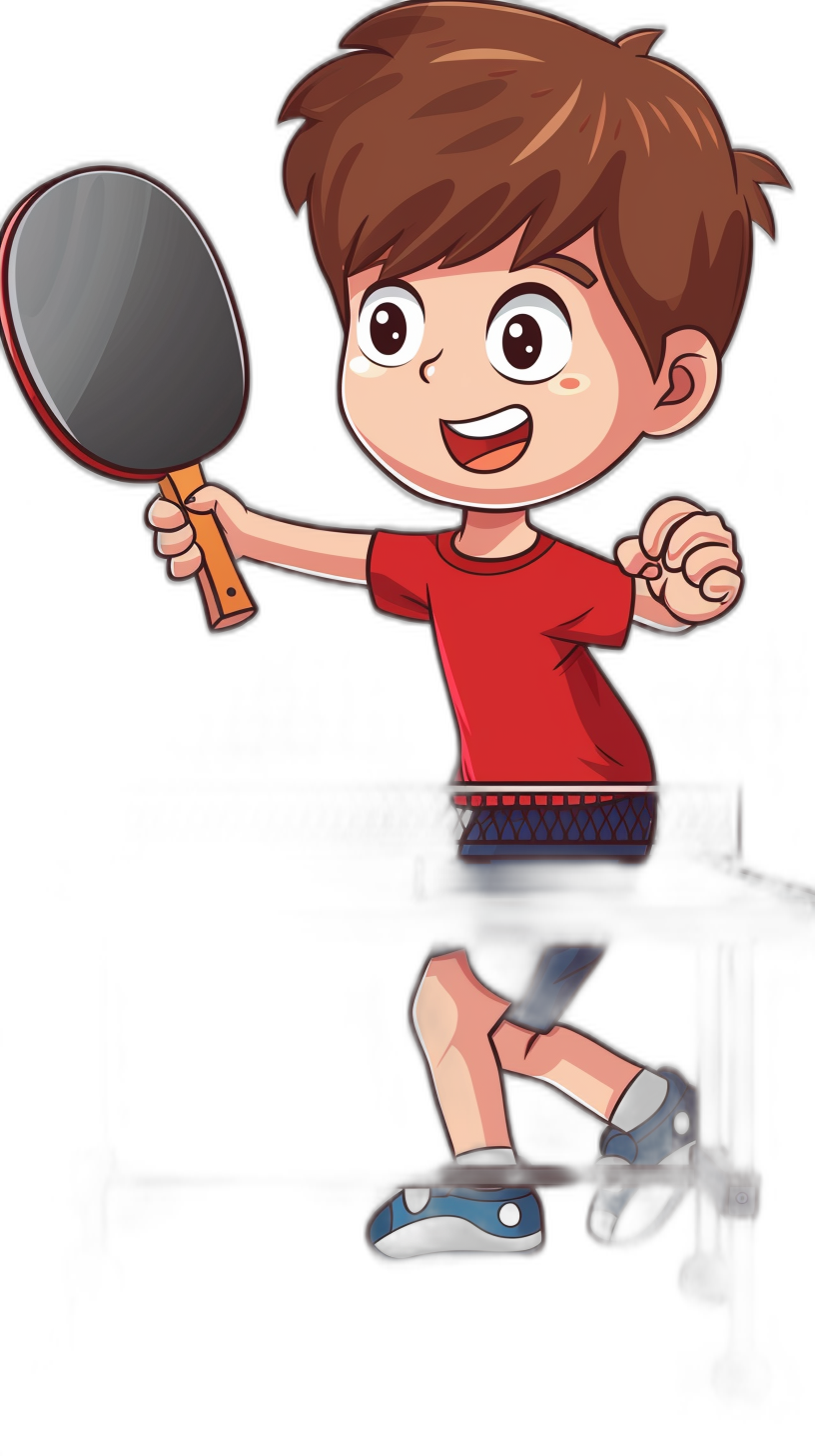 Cartoon style, little boy playing table tennis, holding the racket in his hand and smiling happily, red T-shirt with black shorts underneath, cartoon character design, pure black background, simple strokes, bright colors, exaggerated movements, lively atmosphere.,,in