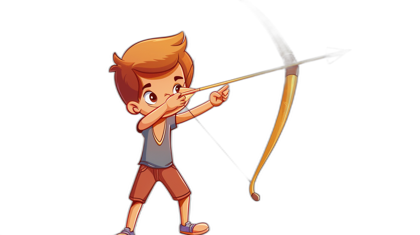 A cartoon boy is shooting an arrow, shown in a full body shot, with a simple drawing style on a black background in the style of a cartoon and 2D game art style. He has a cute and dreamy appearance with light brown hair color.