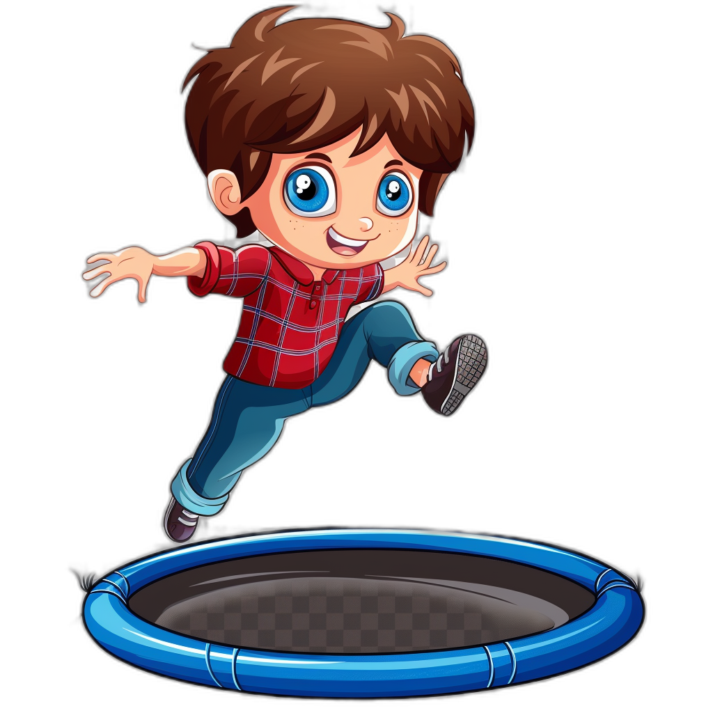 A cartoon boy with brown hair and blue eyes is jumping on the trampoline, vector illustration, black background, cartoon style, high resolution, logo design. The character has bright colors, exaggerated movements, rich expressions, lively postures, red checkered shirt, jeans, white sneakers.,,in