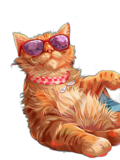 digital art of cute and fat orange cat , wearing sunglasses with heart shape lens, red neckerchief around the shoulders, lying down on black background, cartoon style, digital painting, disney pixar style