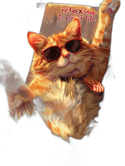 A digital art illustration of an orange cat wearing sunglasses, lounging in the sun with its paws outstretched and one paw holding up a "relax for life" sign, in warm tones. The background is dark black to highlight colors, with a focus on realism in the style of the artist.