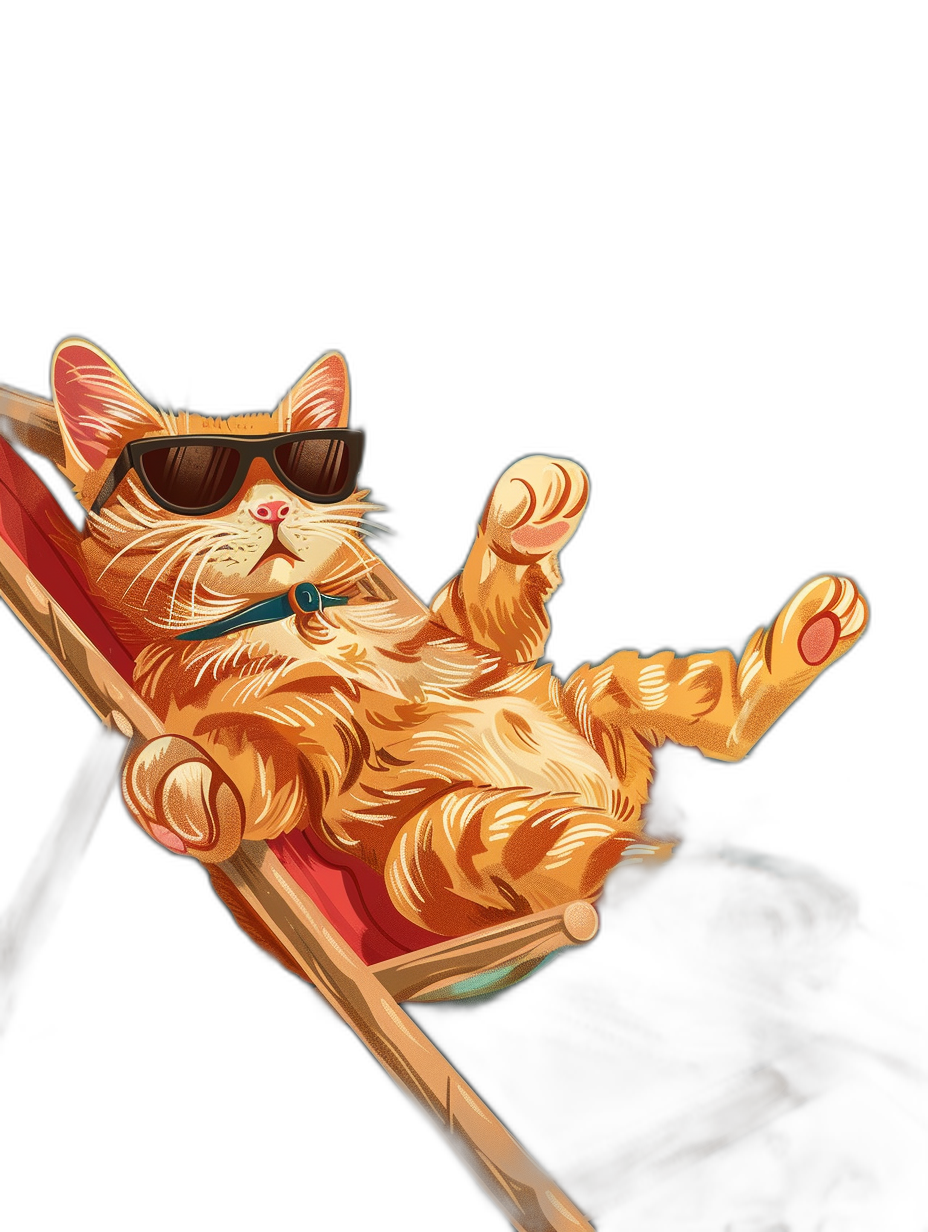 digital art of cool and fat orange cat , wearing sunglassesin the lounge chair with red cover, black background , chill smile , one hand up to sky, full body in frame