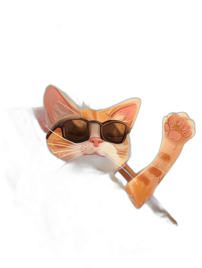 digital art of a cute kitten, wearing sunglasses, hand up in the air with a pose like an action hero, black background, minimal style, chill and funny in the style of an action hero.