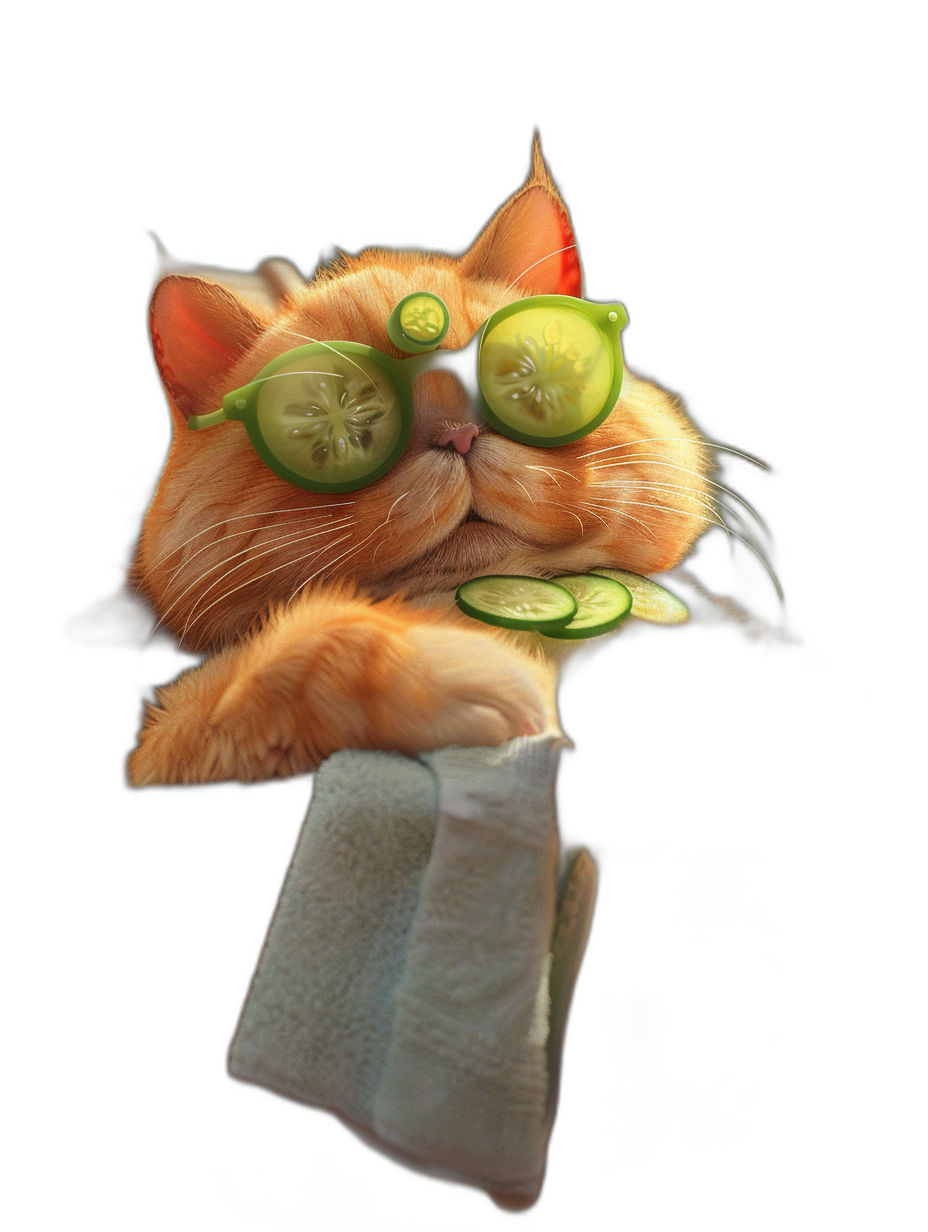 digital art of cute fat orange cat , wearing cucumber eye mask and towel in hand, black background , chill expression , enjoying spa time