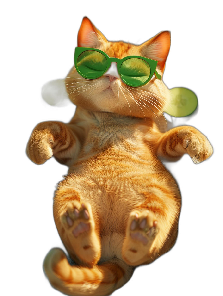 cute ginger cat with green glasses, lying on its back with legs up in the air against a black background, in the style of hyper realistic photography