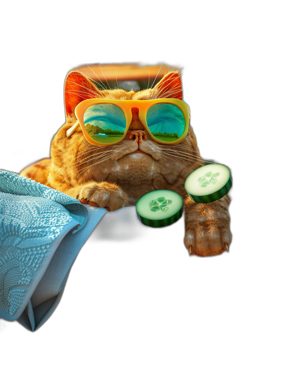 Funny orange cat in sunglasses with cucumber and towel lying on spa table isolated on black background, detailed illustration in the style of hyper realistic, high resolution photography, stock photo, professional color grading, cinematic light, clear sharp focus, hyper detail, 30mm lens f/28