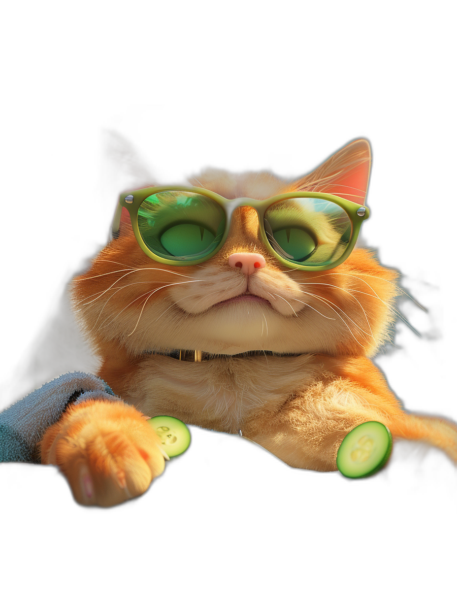 A cute orange cat wearing green sunglasses and holding a cucumber in its paws, lying on a black background with backlighting, portrait photography in the style of smiling face, warm colors, high resolution, hyper-realistic.