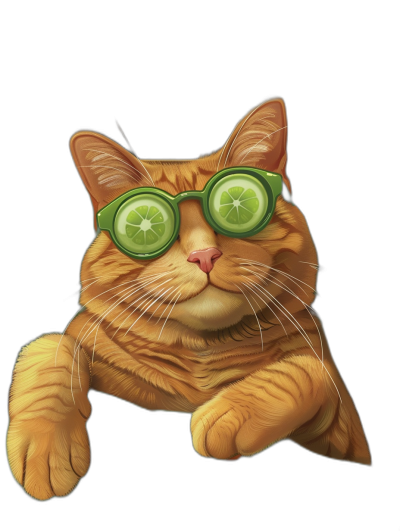 A realistic illustration of an orange cat wearing green sunglasses with cucumber in them, black background, portrait view