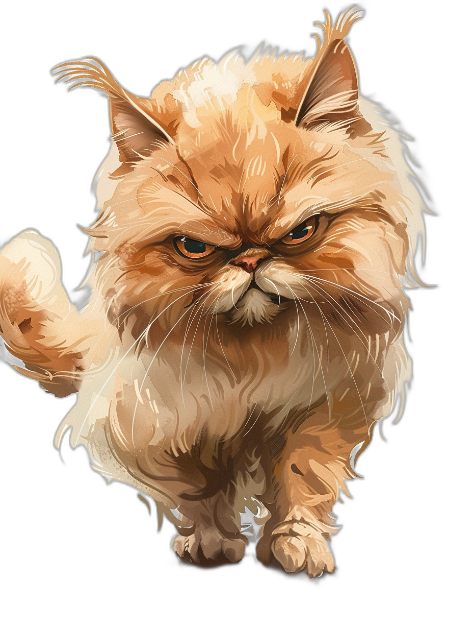 A persian cat with an angry expression, depicted in the style of detailed character illustrations, against black background, digital art techniques, cute cartoonish designs, in watercolor painting, in full body shot, in hyper-realistic, high resolution, and HDR.