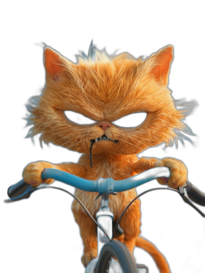 front view of an angry orange cat riding a bicycle with a blue handlebar, fluffy hair, black background, in the style of Pixar.