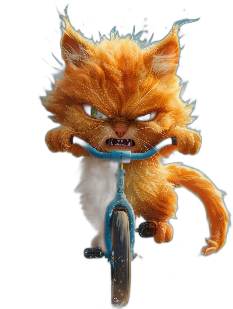 A cute orange cat riding on an electric blue bicycle, with expressive eyes and an angry expression, fluffy fur texture, in the style of Pixar character design, black background, high resolution, in the style of Disney render.